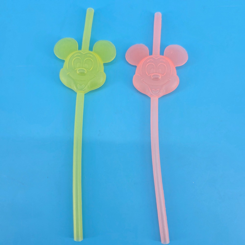 Vintage Disney Mickey Mouse Plastic Straws Neon Pink Green 2pc
